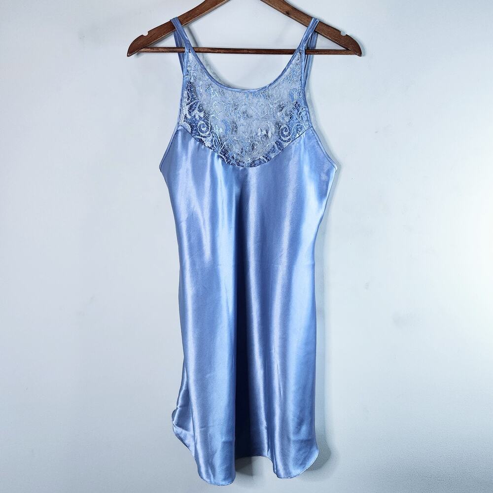 Secret Treasures Light Blue Satin Lace Chemise Sleep Slip Dress Size Medium Y2K